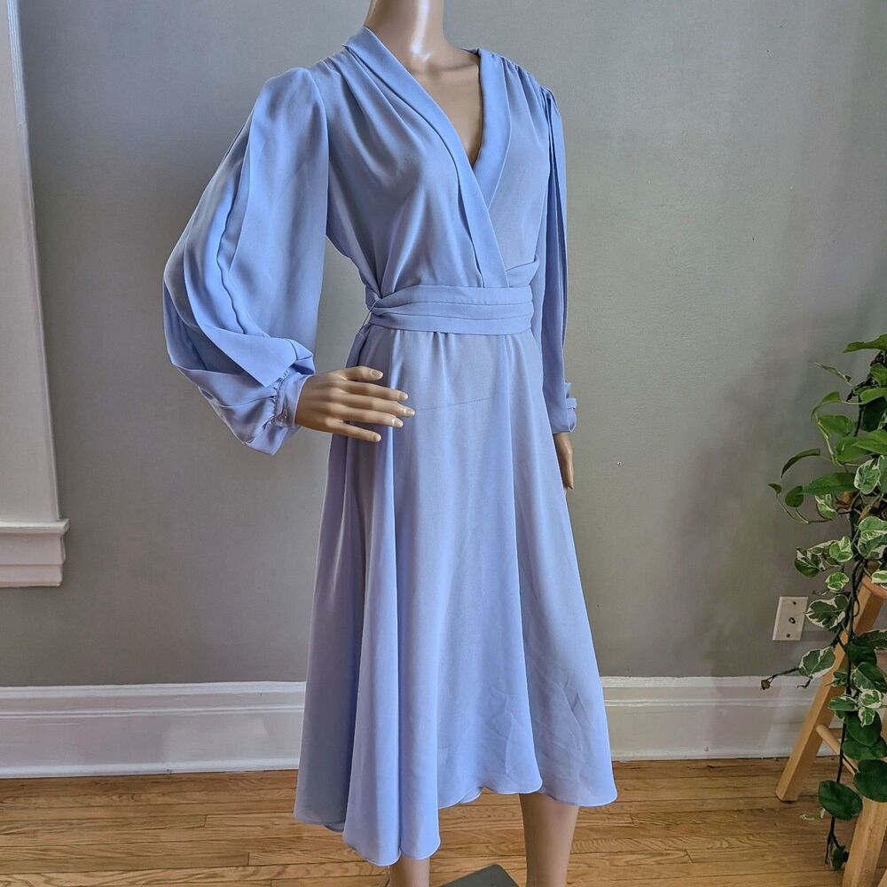 Vintage 1980s Ursula of Switzerland Midi Dress Periwinkle Gauzy Belted Size 7/8